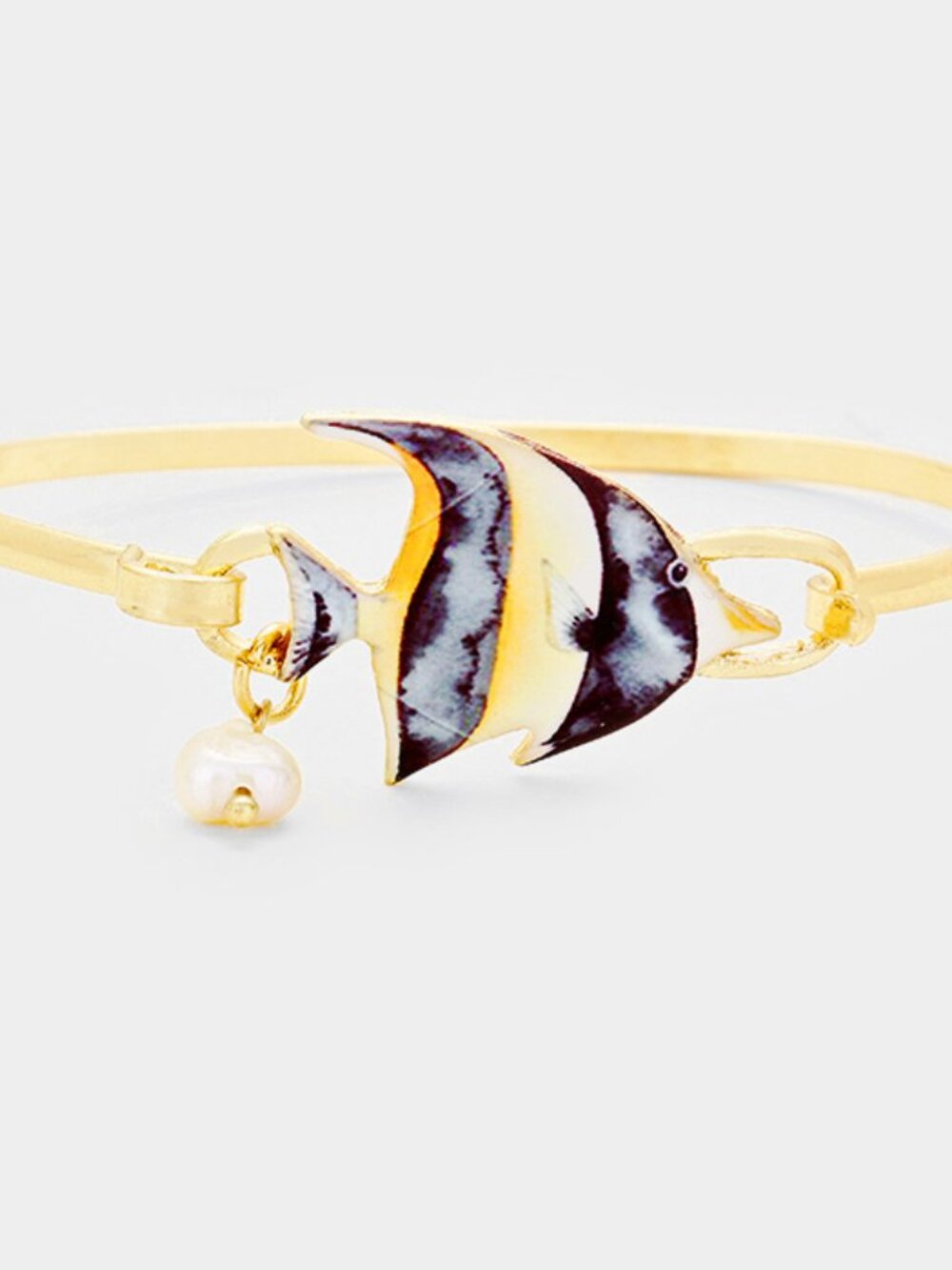 Watercolor Fish Freshwater Pearl Charm Hook Bangle Bracelet - Beach Jewelry